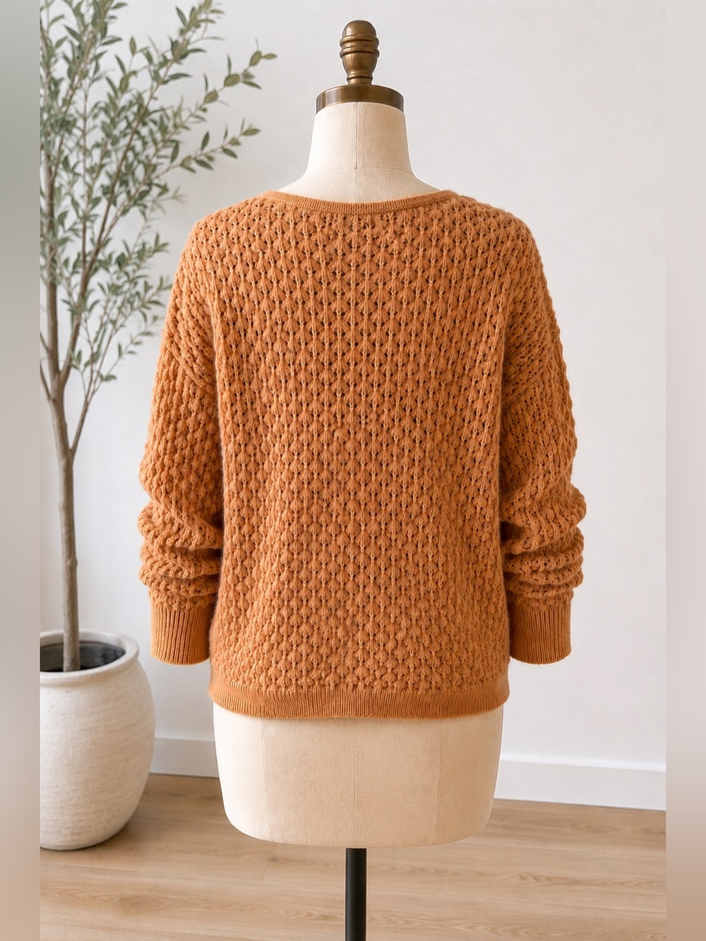 Molly Bracken Textured Popcorn Open Knit Drawstring Sweater Large Camel Apricot - Picture 5 of 9